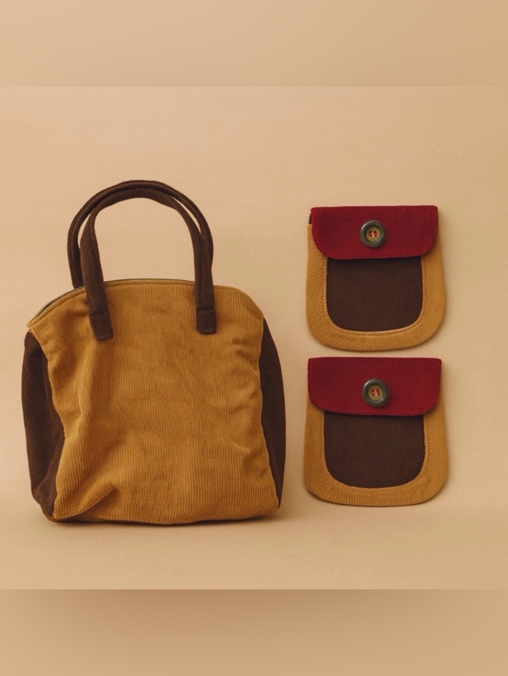 Vintage Corduroy Minj Tote + Matching Pouches Women's Bag Set Boho Cottagecore